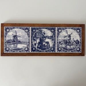 Delft Blue Framed Tile Montage Trio Vintage Farmhouse Cottage Grandma